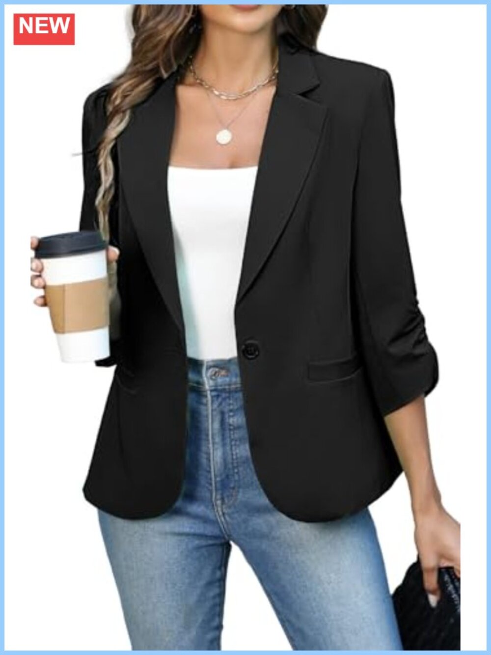 Women's Ruched 3/4 Sleeve Blazer Lightweight Fitted Suit Jacket